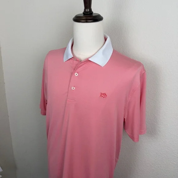 Southern Tide Men’s Light Weight Polo | Salmon Striped | White collar | Large - Picture 3 of 7